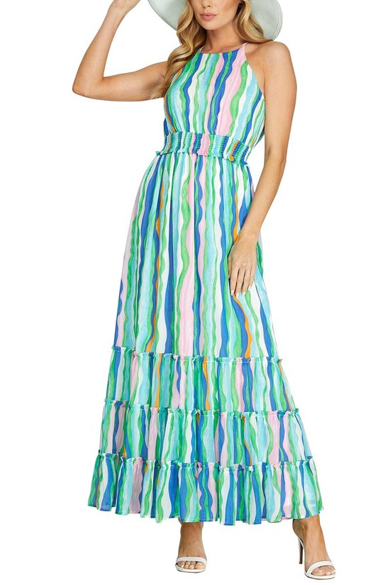 Sleeveless Woven Print Maxi Dress with Tiered Skirt – Elegant Boho Chic Maxi Dress for Women