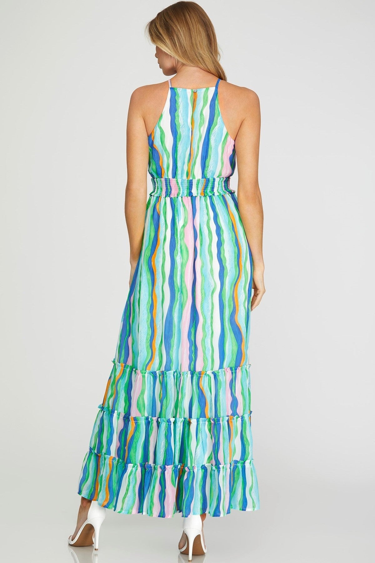 Sleeveless Woven Print Maxi Dress with Tiered Skirt – Elegant Boho Chic Maxi Dress for Women