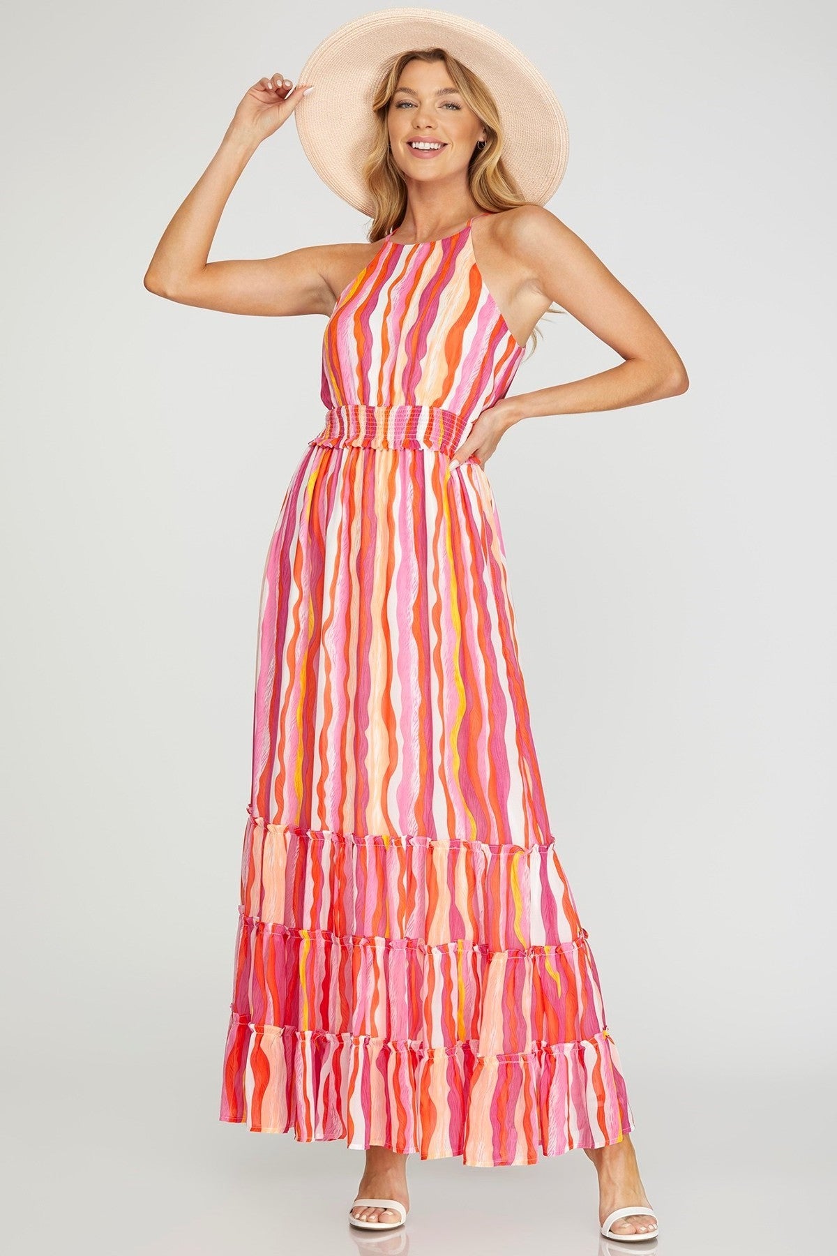 Sleeveless Woven Print Maxi Dress with Tiered Skirt – Elegant Boho Chic Maxi Dress for Women