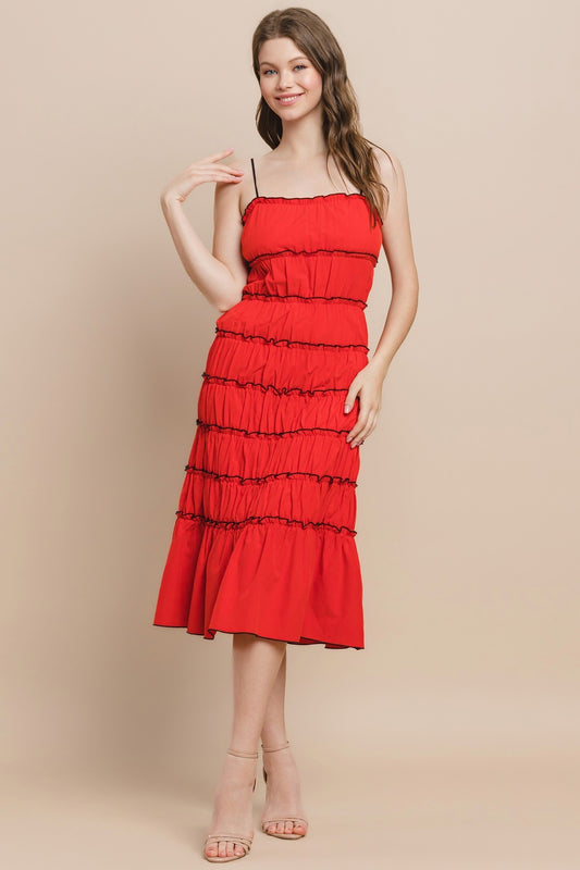 Spaghetti Straps Ruched Midi Dress