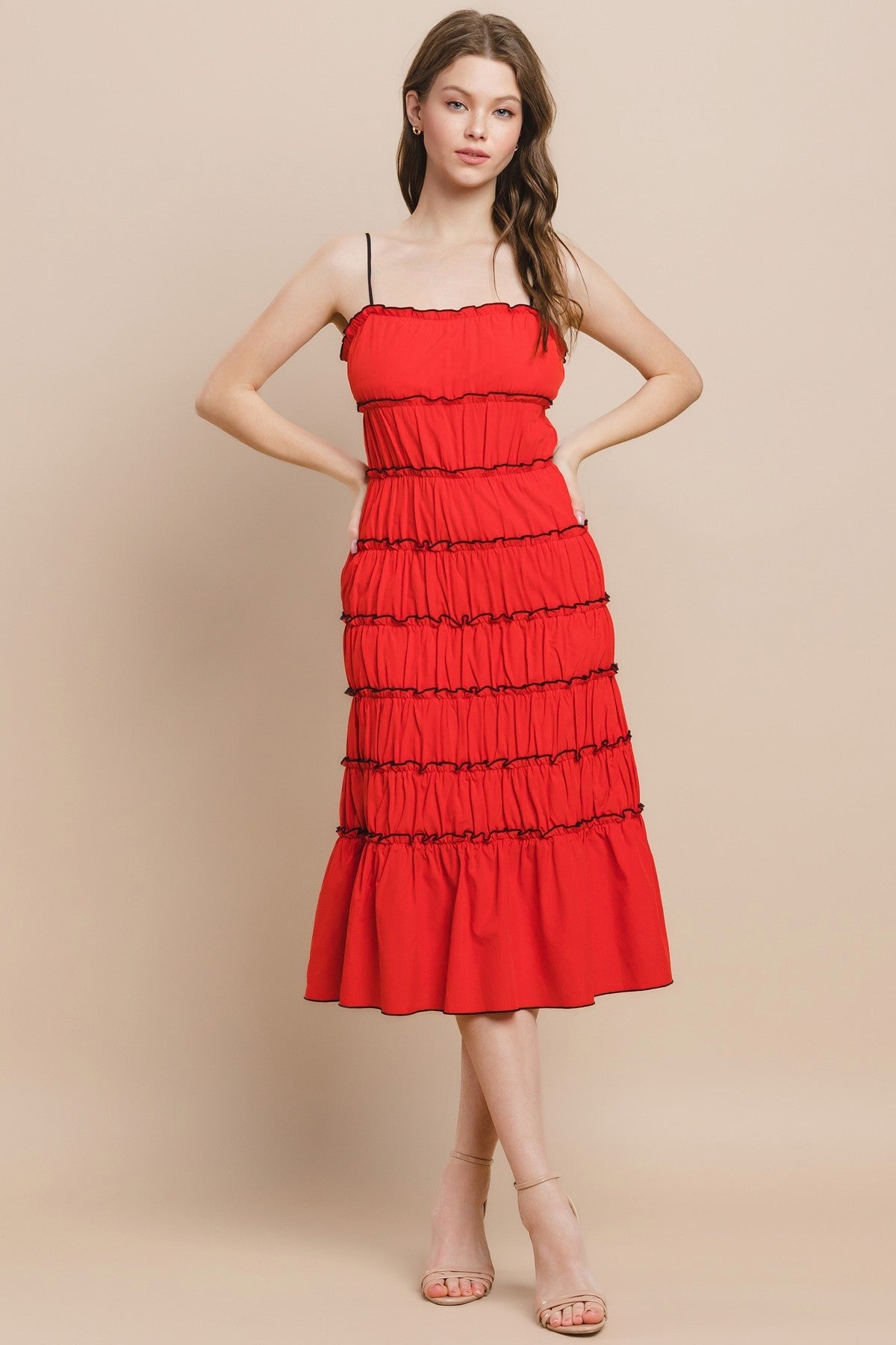 Spaghetti Straps Ruched Midi Dress