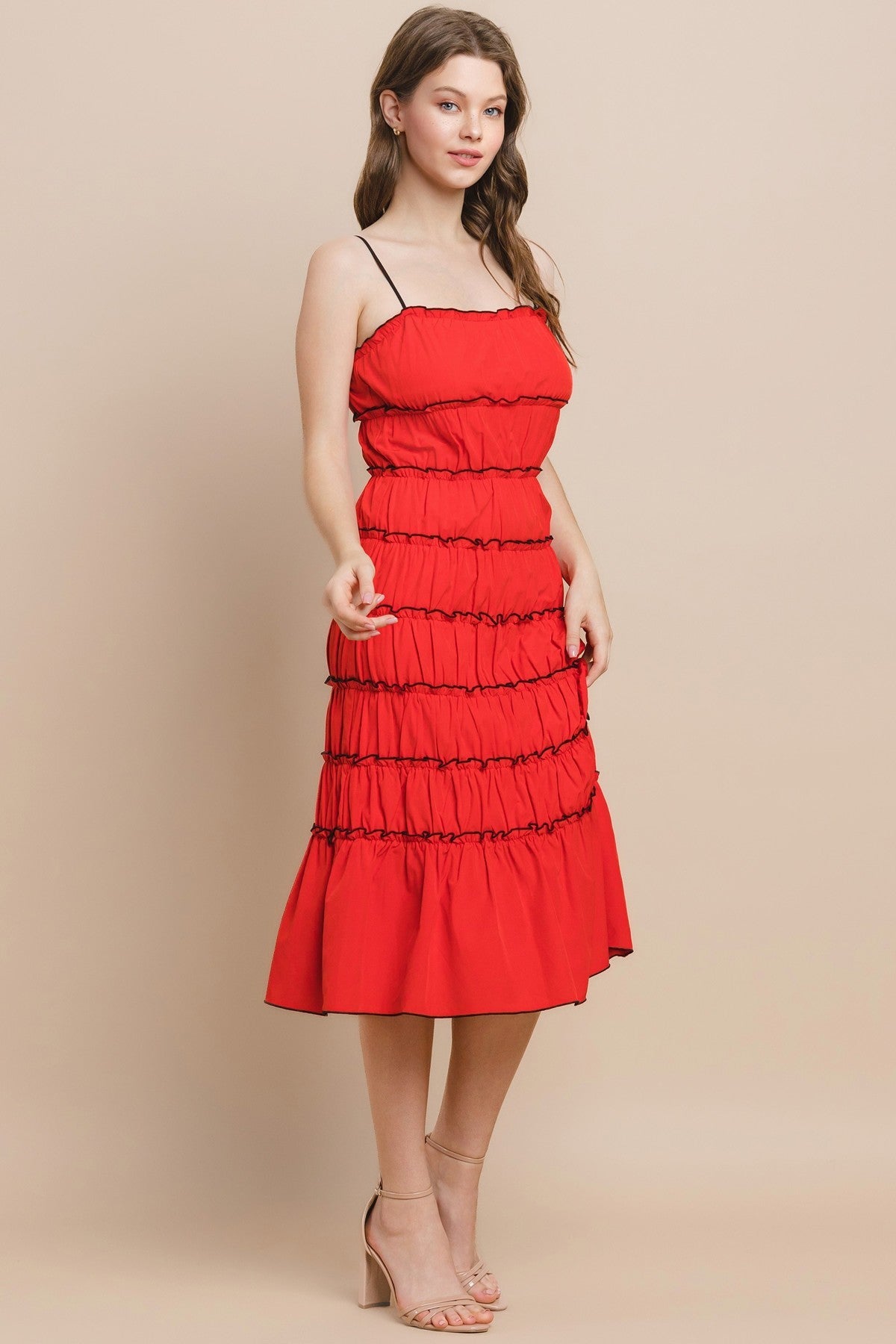 Spaghetti Straps Ruched Midi Dress