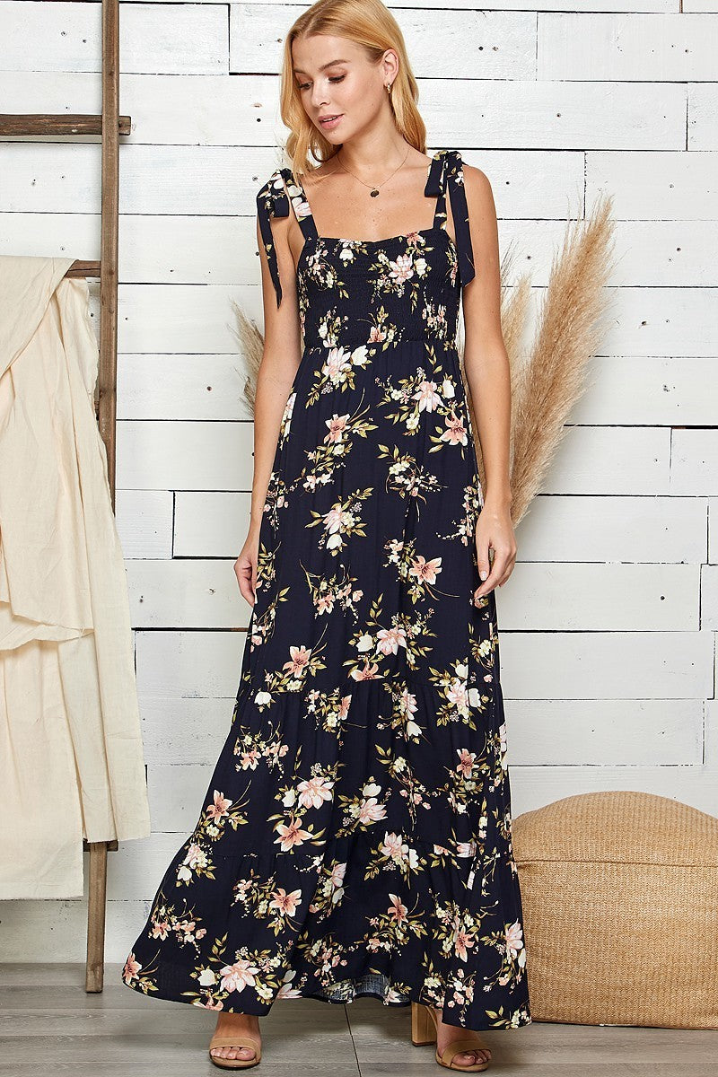 Floral Print Smocked Maxi Dress