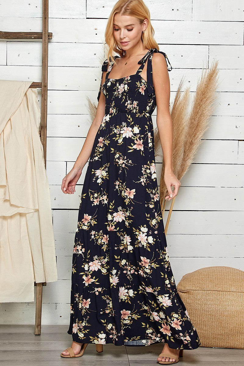 Floral Print Smocked Maxi Dress