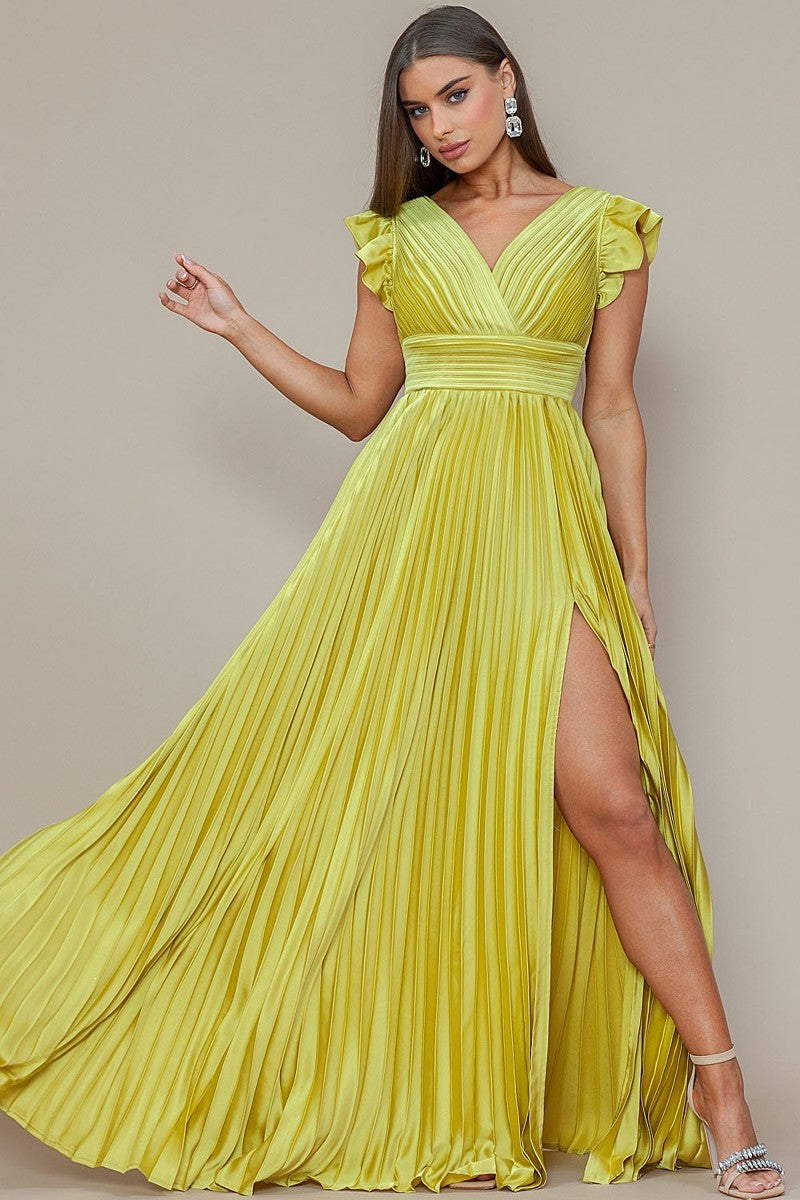 Stunning Deep V Neck Ruffle Sleeve Pleated Slit Maxi Dress | Perfect for Elegant Occasions