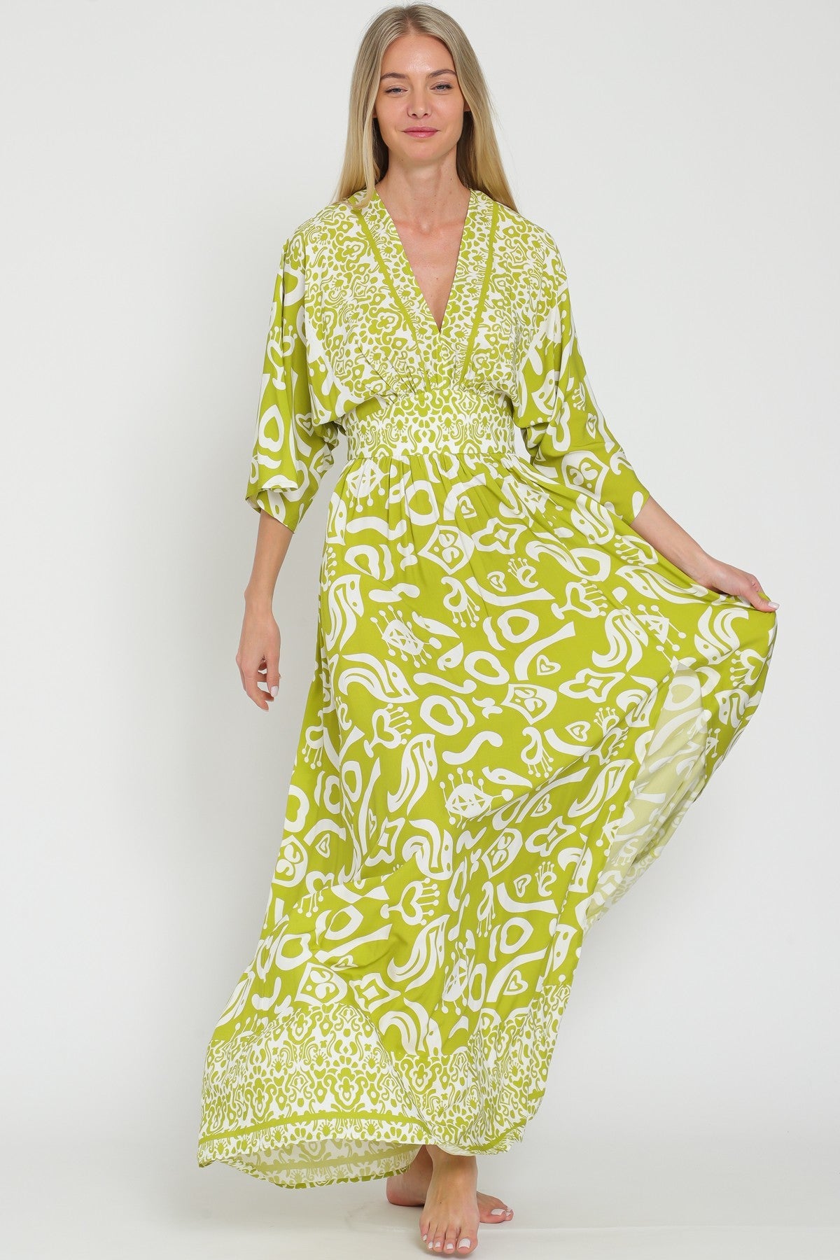 Elegant Kimono Sleeve Border Print Maxi Dress