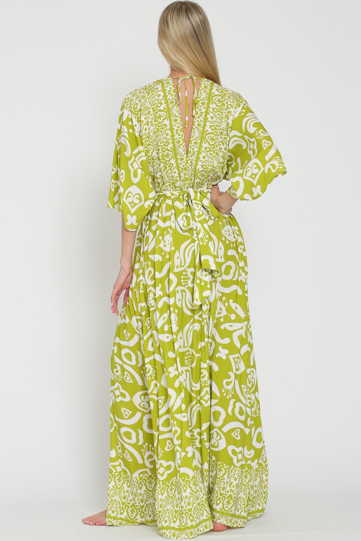 Elegant Kimono Sleeve Border Print Maxi Dress