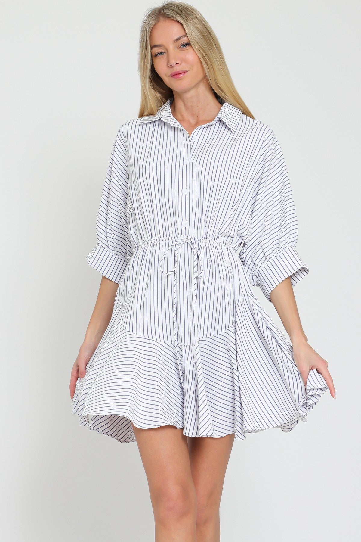 Chic 3/4 Dolman Sleeve Tie Front Waisted Mini Dress