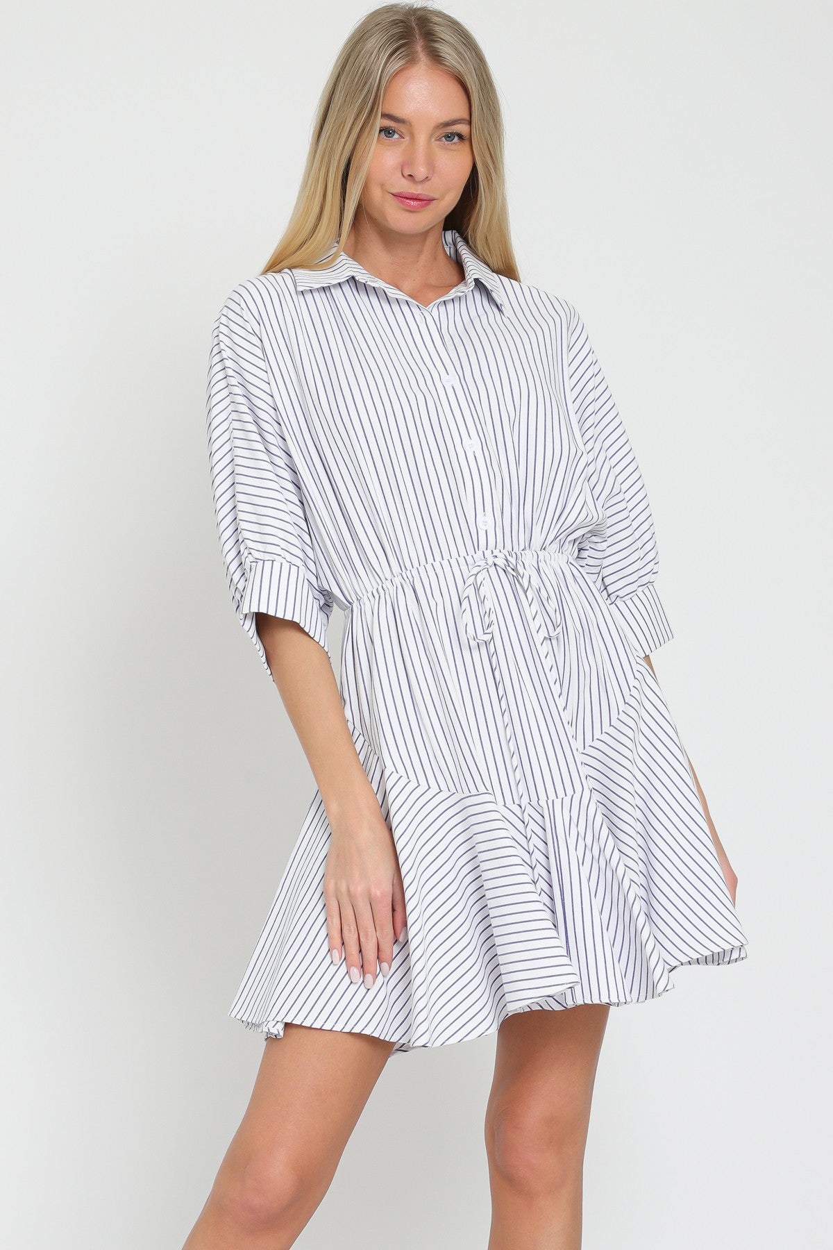 Chic 3/4 Dolman Sleeve Tie Front Waisted Mini Dress