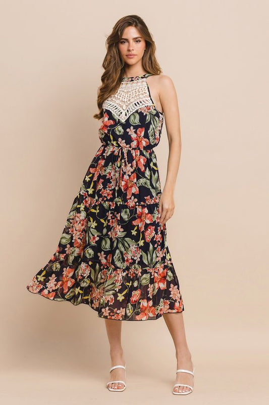 Flowers sweetheart with crochet halter midi dress