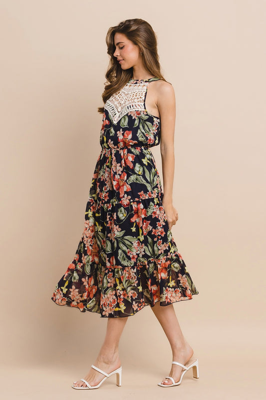 Flowers sweetheart with crochet halter midi dress