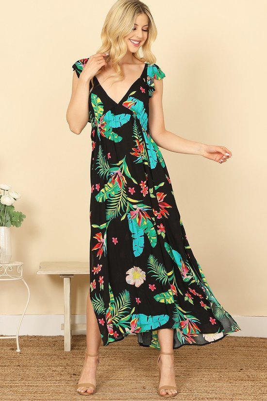 Tropical Print Challis Maxi Dress with Ruffle