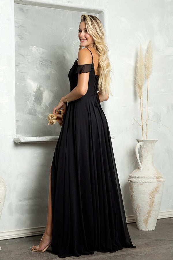 Flutter Sleeve Chiffon Gown with Front Slit and Pockets