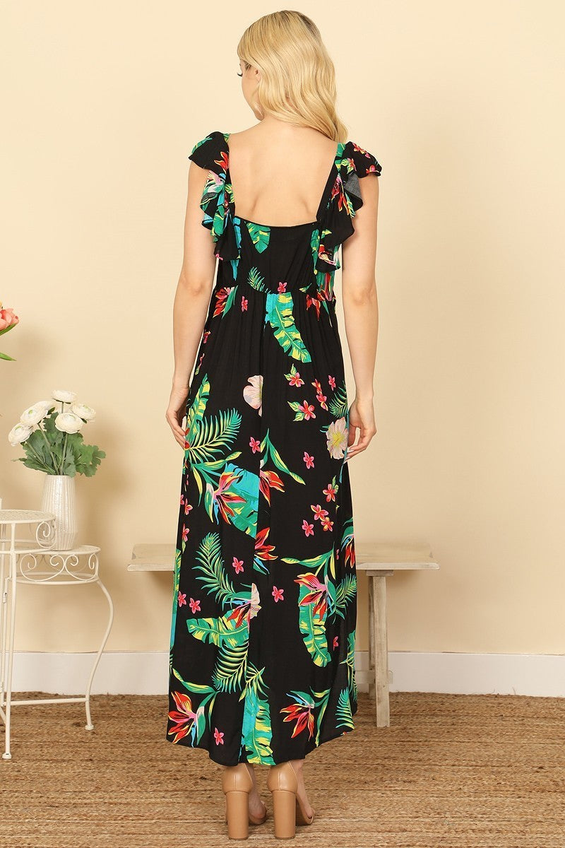 Tropical Print Challis Maxi Dress with Ruffle