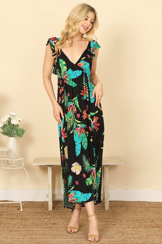 Tropical Print Challis Maxi Dress with Ruffle