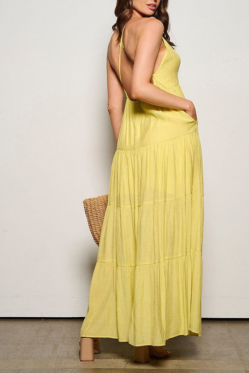 Sleeveless V-Neck Tiered Maxi Dress with Pockets and Open Back