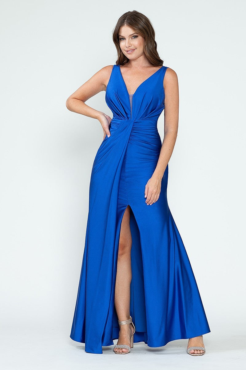 Elegant V-Neck Middle Slit Draped Long Formal Dress 