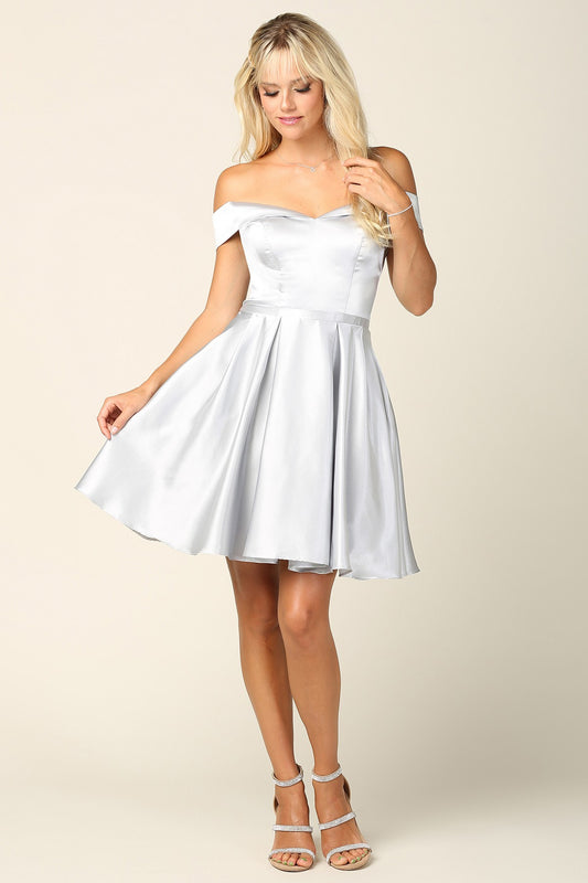 Short Off Shoulder Satin Dress with Corset Back - Elegant Party Dress for Special Occasions