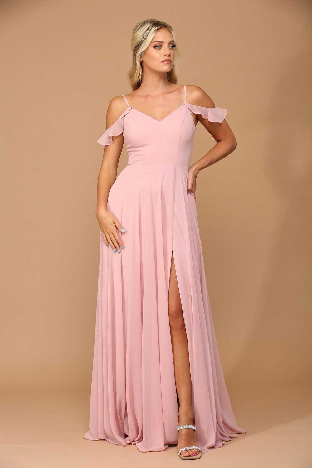 Flutter Sleeve Chiffon Gown with Front Slit and Pockets