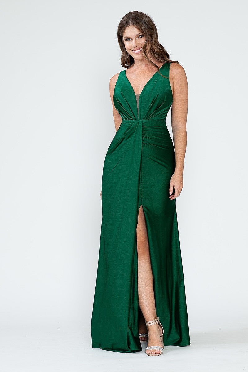 Elegant V-Neck Middle Slit Draped Long Formal Dress 