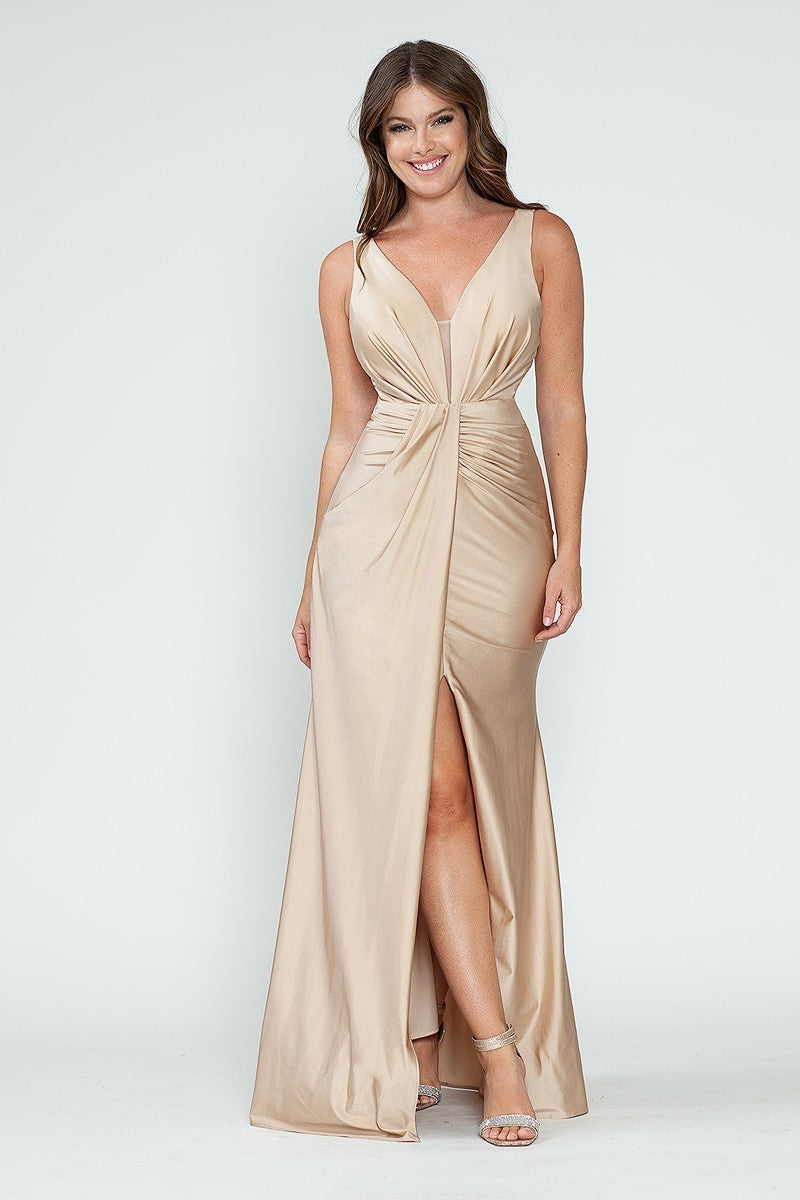 Elegant V-Neck Middle Slit Draped Long Formal Dress 